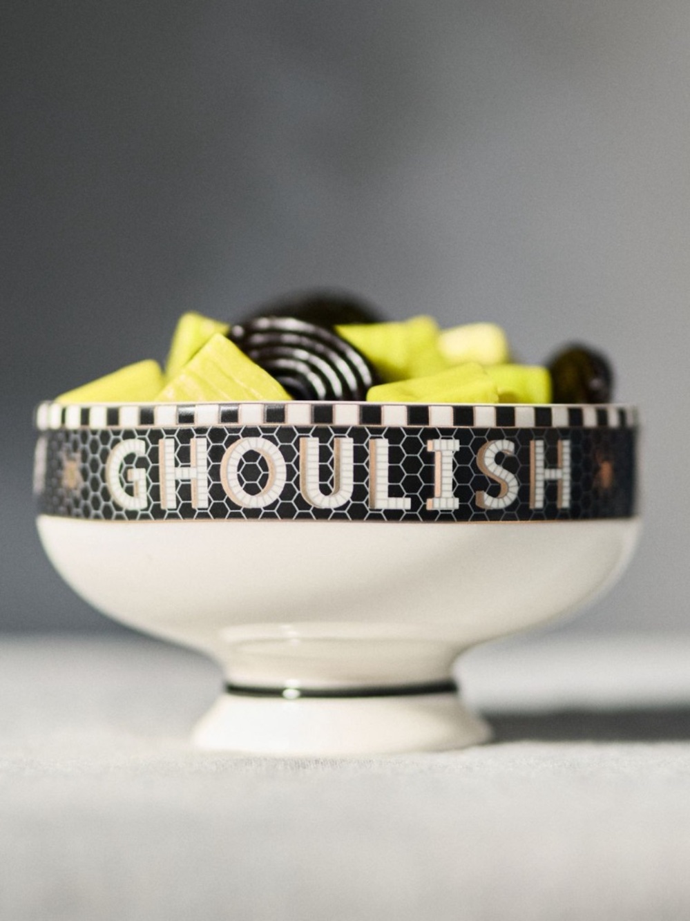 Anthropologie Ghoulish Delights Ceramic Pedestal Bowl in Black, White & 24kGold